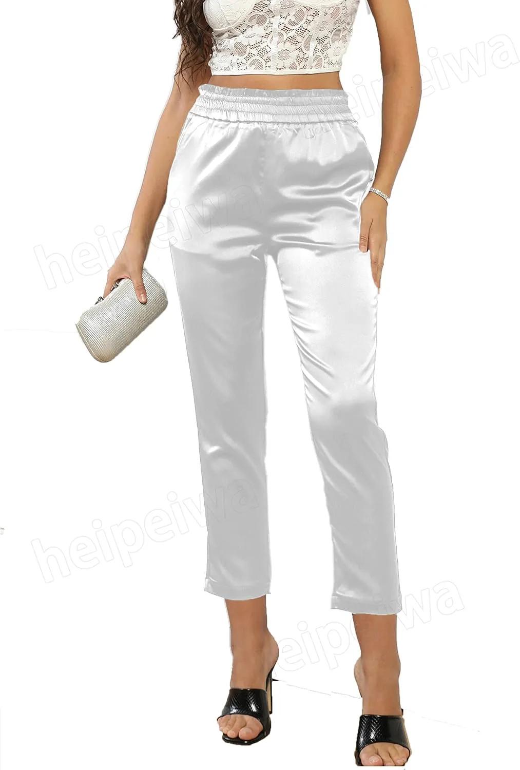 Women's Paperbag Satin Silky Party Wedding Metallic Dress Elastic Waist Pants Clubwear
