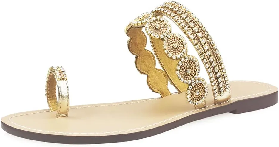 Women's Rhinestone Flat Sandals, Women Flip Flops with Clip Toe RingBeadeed Rhinestone Crystal Jeweled Sandal Shoes for Summer Beach Oceanside Holiday Outdoor