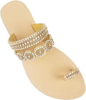 Women's Rhinestone Flat Sandals, Women Flip Flops with Clip Toe RingBeadeed Rhinestone Crystal Jeweled Sandal Shoes for Summer Beach Oceanside Holiday Outdoor