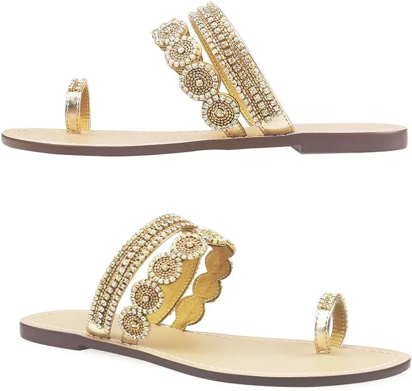 Women's Rhinestone Flat Sandals, Women Flip Flops with Clip Toe RingBeadeed Rhinestone Crystal Jeweled Sandal Shoes for Summer Beach Oceanside Holiday Outdoor