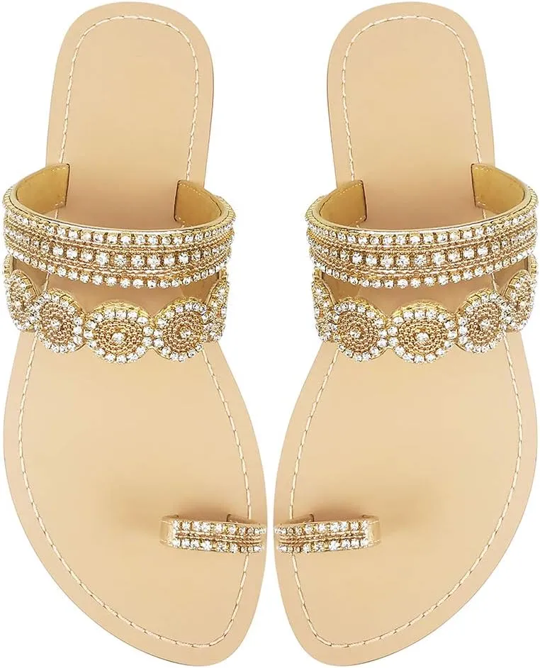 Women's Rhinestone Flat Sandals, Women Flip Flops with Clip Toe RingBeadeed Rhinestone Crystal Jeweled Sandal Shoes for Summer Beach Oceanside Holiday Outdoor