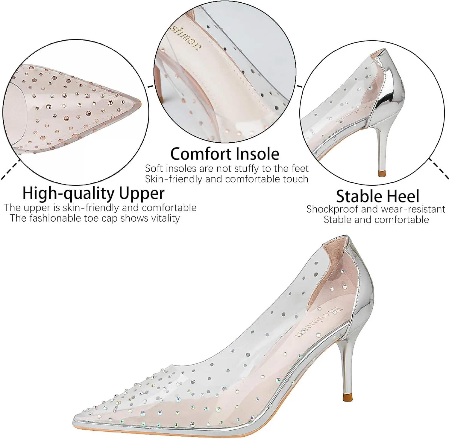 Women's Rhinestones Clear Leather Stiletto Pumps Fashion Comfort Closed Pointed Toe Slip On High Heels Sandals for Party Prom Date Dress Shoes