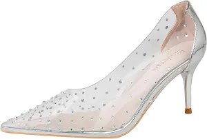 Women's Rhinestones Clear Leather Stiletto Pumps Fashion Comfort Closed Pointed Toe Slip On High Heels Sandals for Party Prom Date Dress Shoes