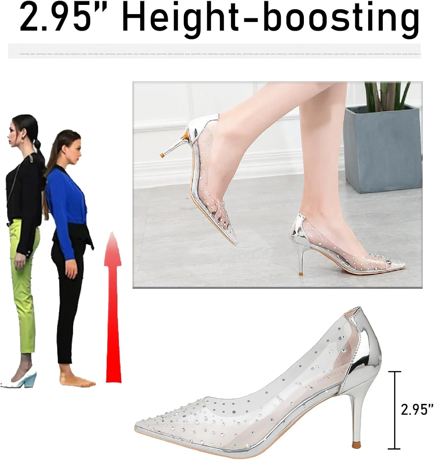 Women's Rhinestones Clear Leather Stiletto Pumps Fashion Comfort Closed Pointed Toe Slip On High Heels Sandals for Party Prom Date Dress Shoes