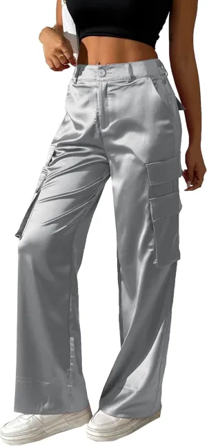 Women's Satin Cargo Wide Leg Pants Silky Party Dressy Casual Pocketed Pant Long Trouser