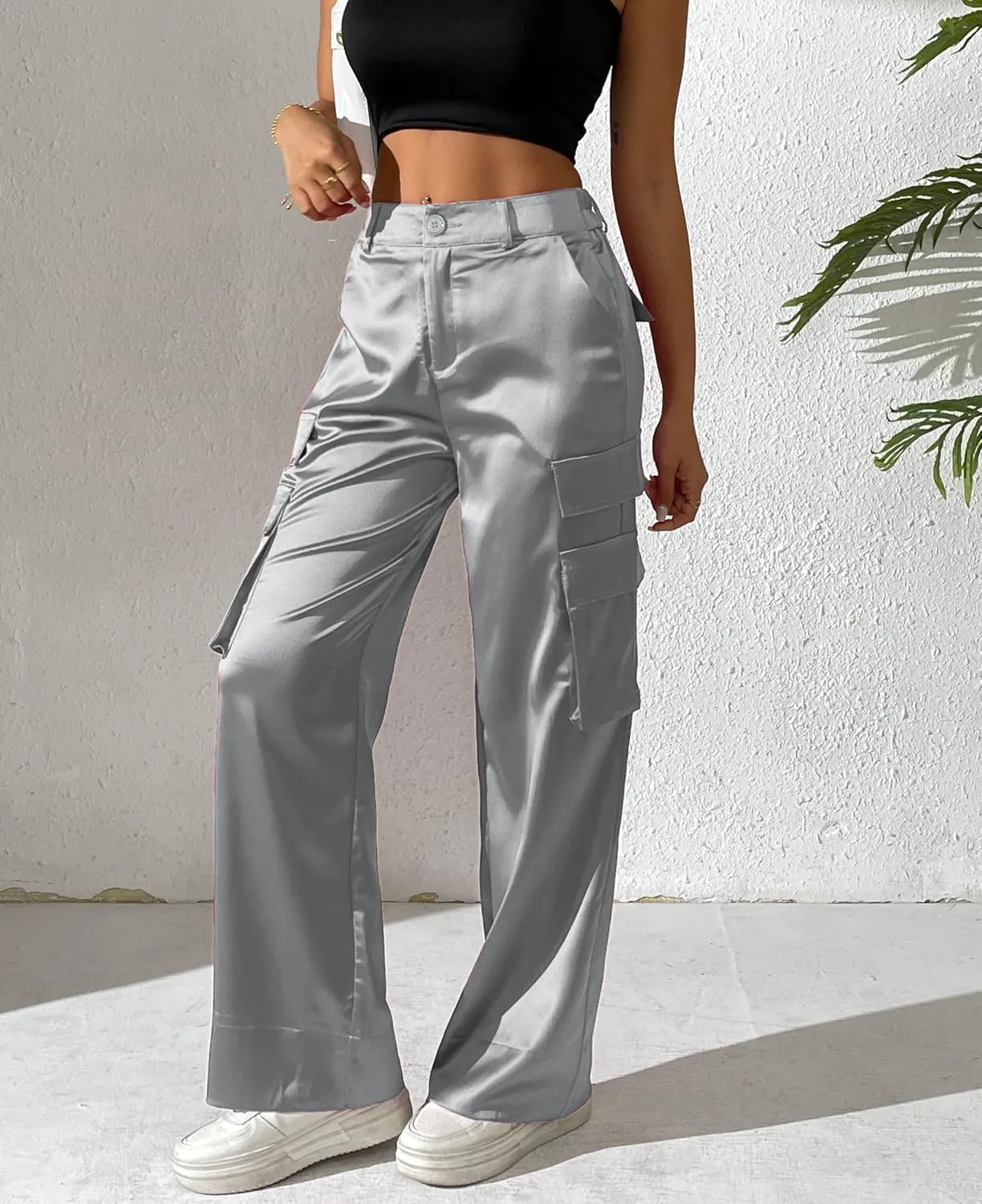 Women's Satin Cargo Wide Leg Pants Silky Party Dressy Casual Pocketed Pant Long Trouser