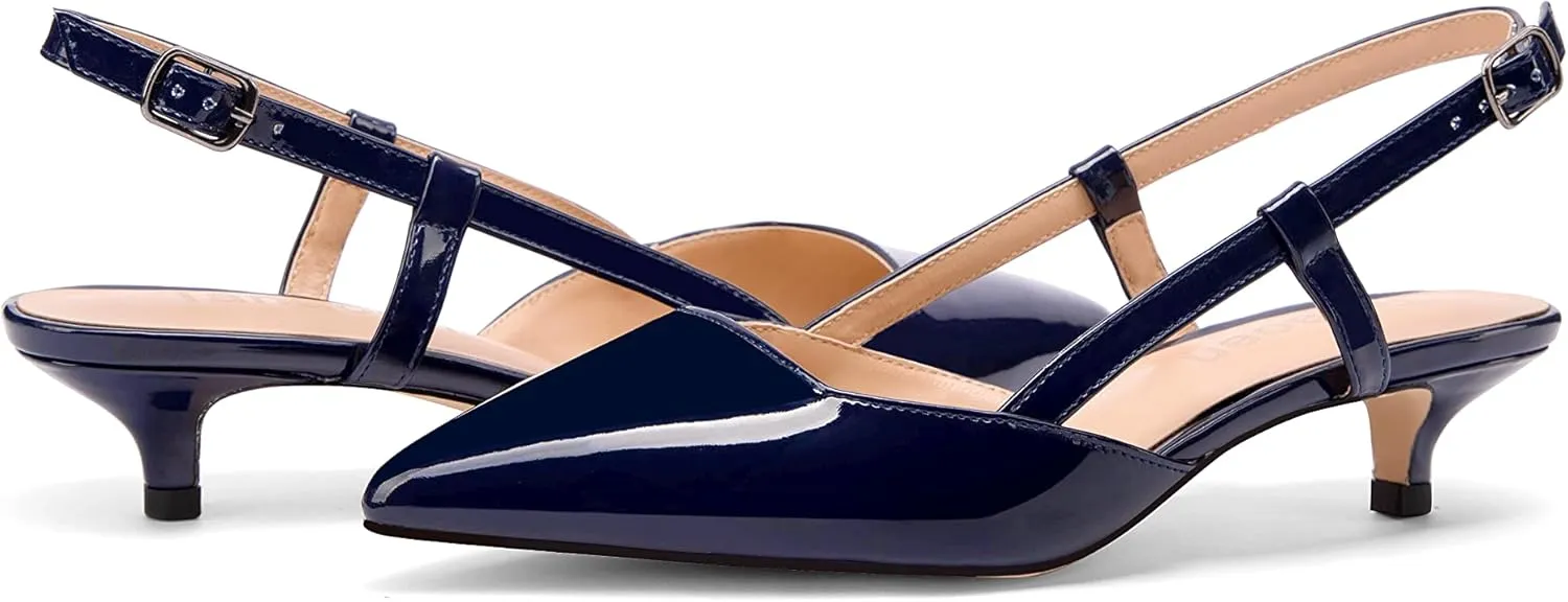Women's Slingback Patent Leather Pointed Toe Strap Kitten Low Heel Pumps Shoes 1.5 Inch