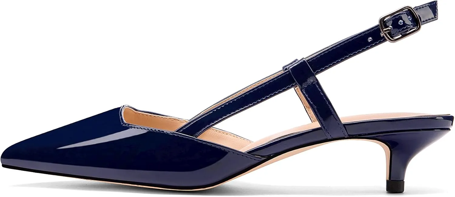 Women's Slingback Patent Leather Pointed Toe Strap Kitten Low Heel Pumps Shoes 1.5 Inch