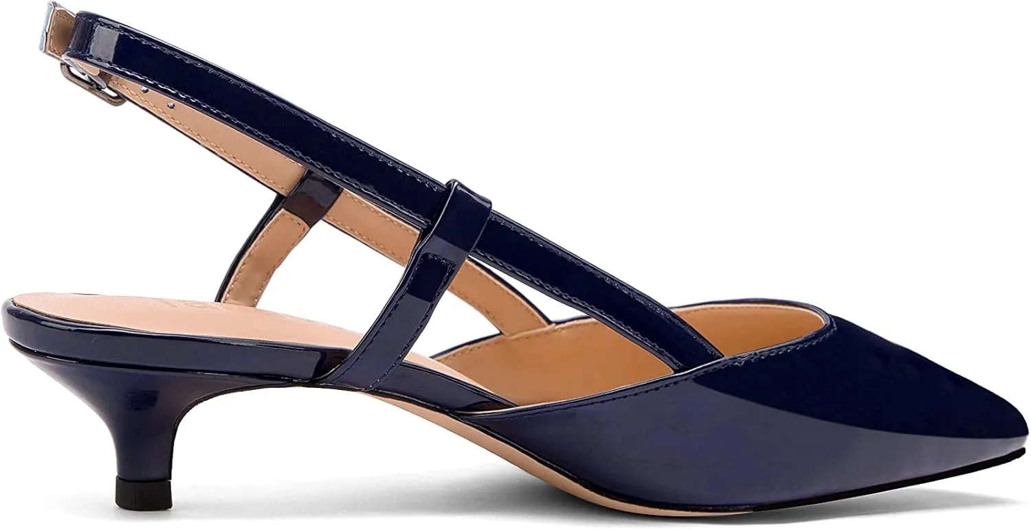 Women's Slingback Patent Leather Pointed Toe Strap Kitten Low Heel Pumps Shoes 1.5 Inch