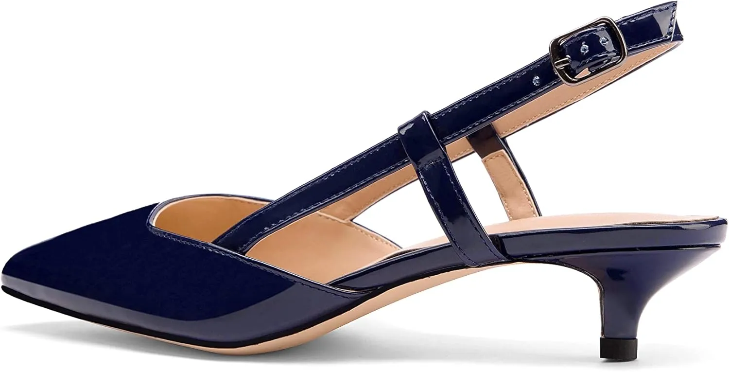 Women's Slingback Patent Leather Pointed Toe Strap Kitten Low Heel Pumps Shoes 1.5 Inch