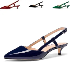 Women's Slingback Patent Leather Pointed Toe Strap Kitten Low Heel Pumps Shoes 1.5 Inch
