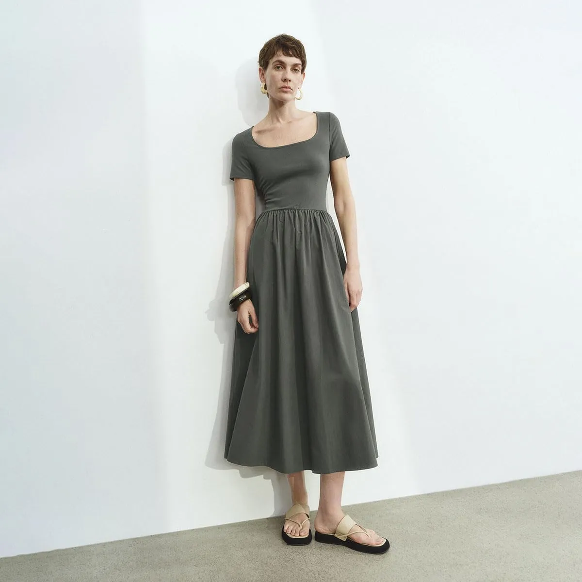 Women's Summer Short Sleeve Dress Square Neck A-line Dresses High Waist Midi Sundress Elegant