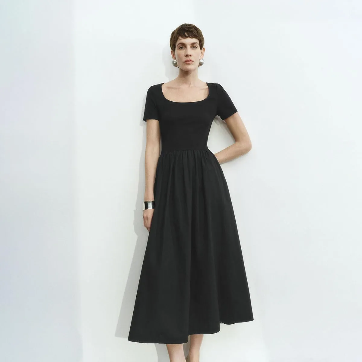 Women's Summer Short Sleeve Dress Square Neck A-line Dresses High Waist Midi Sundress Elegant