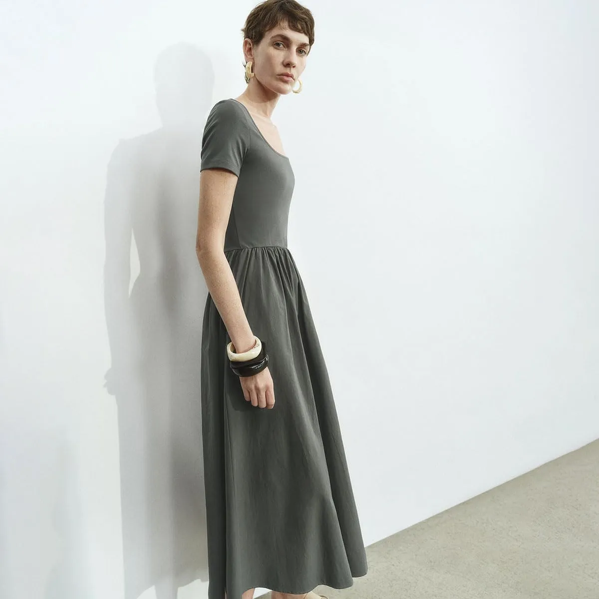 Women's Summer Short Sleeve Dress Square Neck A-line Dresses High Waist Midi Sundress Elegant