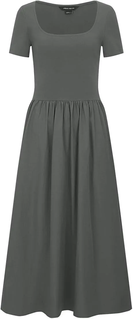 Women's Summer Short Sleeve Dress Square Neck A-line Dresses High Waist Midi Sundress Elegant