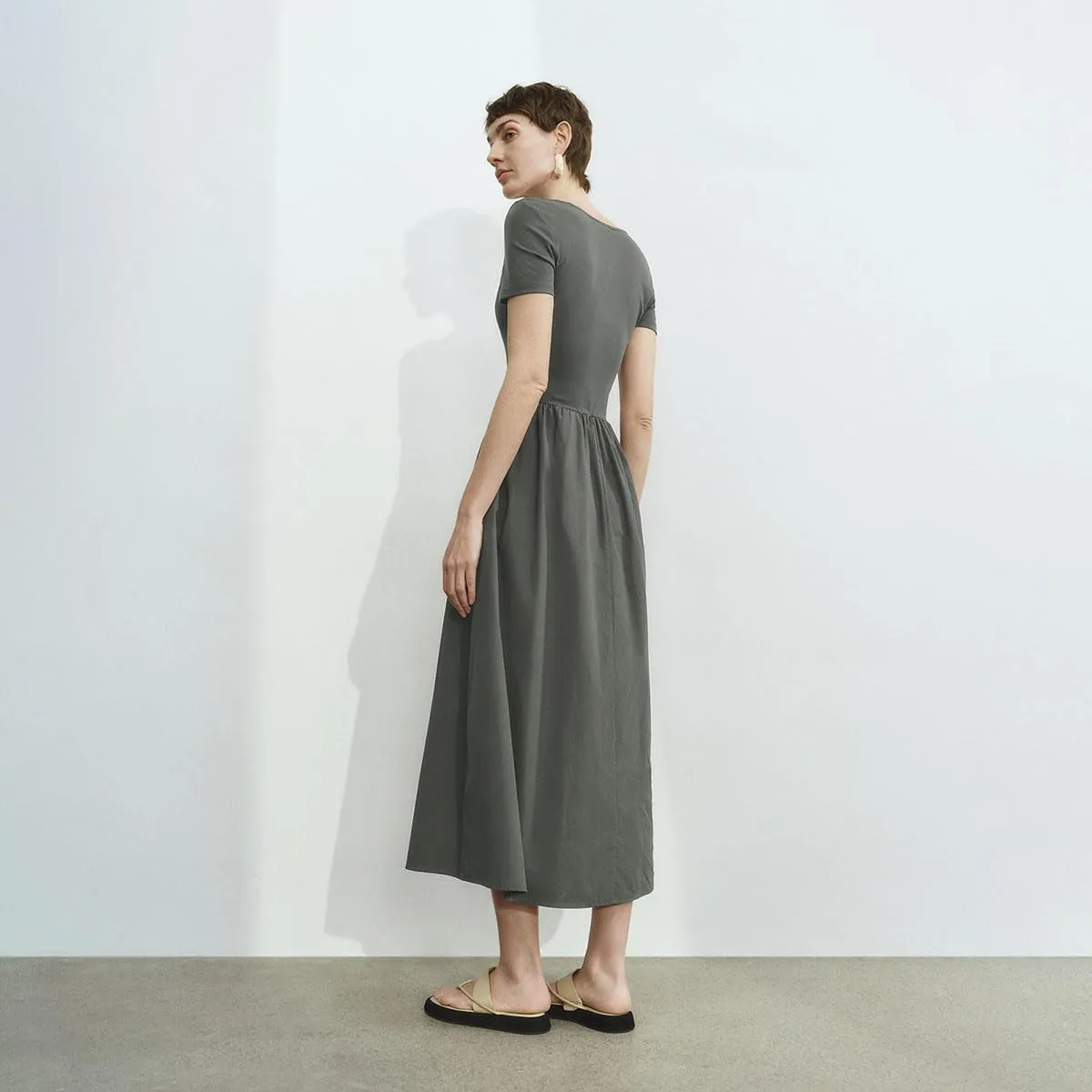 Women's Summer Short Sleeve Dress Square Neck A-line Dresses High Waist Midi Sundress Elegant