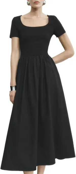 Women's Summer Short Sleeve Dress Square Neck A-line Dresses High Waist Midi Sundress Elegant