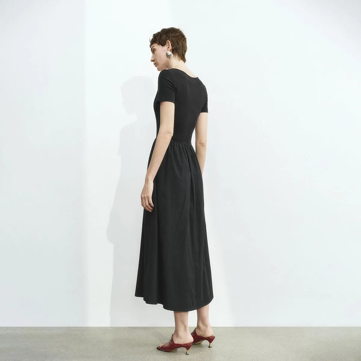Women's Summer Short Sleeve Dress Square Neck A-line Dresses High Waist Midi Sundress Elegant