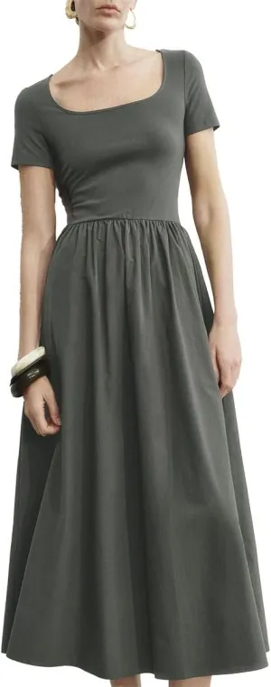 Women's Summer Short Sleeve Dress Square Neck A-line Dresses High Waist Midi Sundress Elegant