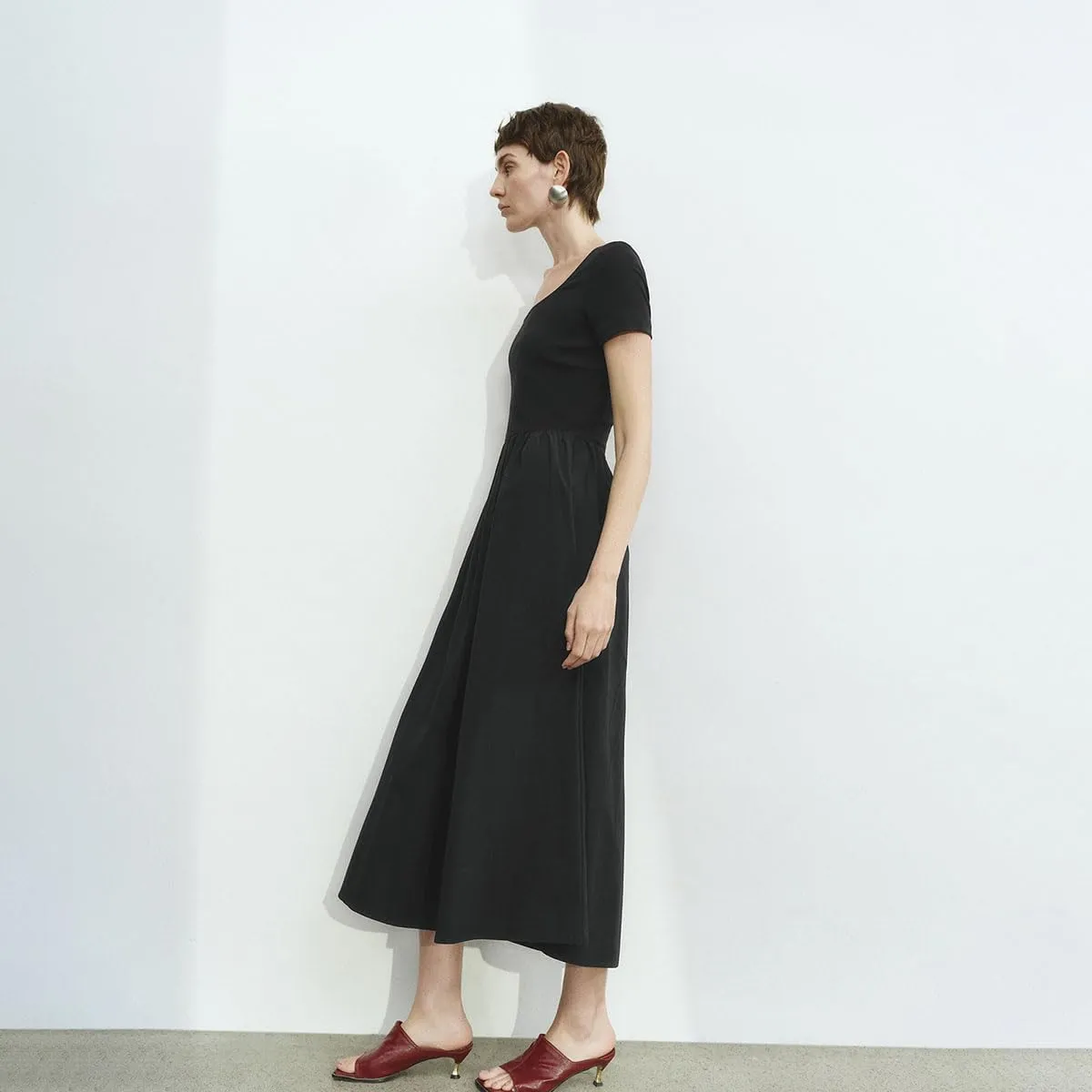 Women's Summer Short Sleeve Dress Square Neck A-line Dresses High Waist Midi Sundress Elegant