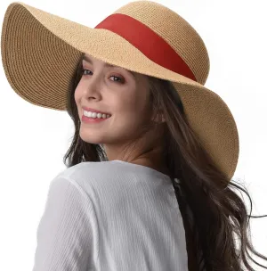 Womens Sun Straw Hat Wide Brim UPF 50 Summer Hat Foldable Roll Up Floppy Beach Hats for Women