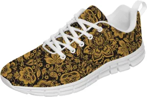 Womens Tennis Shoes Sneaker with Gold Luxury Flower Floral Print Mesh Lace Up Running Shoes Gifts for Mom,Men Size 11,Women Size 13