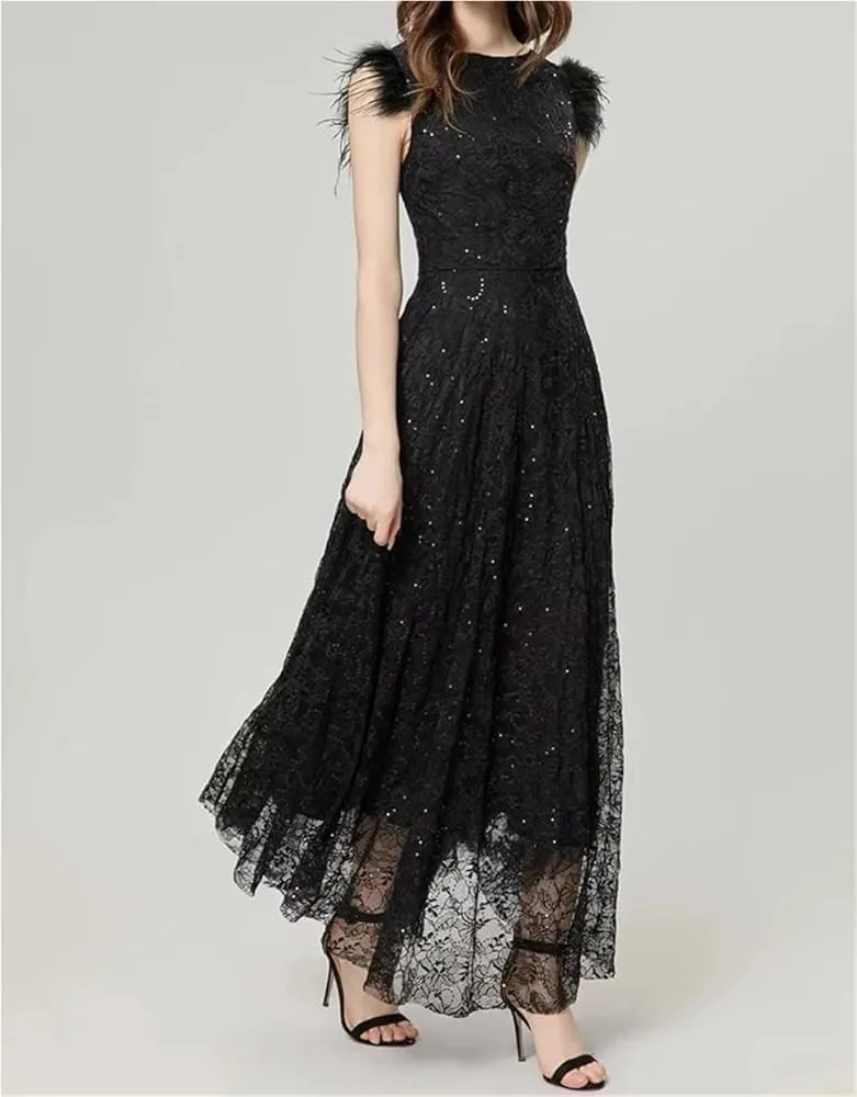 Women's Vintage Elegant Black Party Dress Sequins Flowers Embroidery Feathers Dresses