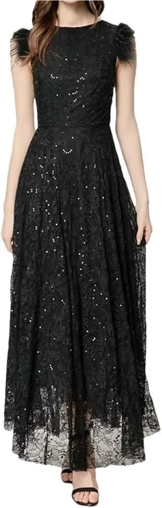 Women's Vintage Elegant Black Party Dress Sequins Flowers Embroidery Feathers Dresses