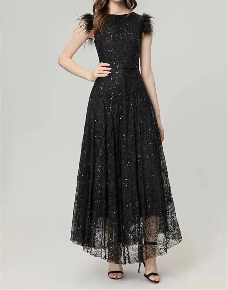 Women's Vintage Elegant Black Party Dress Sequins Flowers Embroidery Feathers Dresses