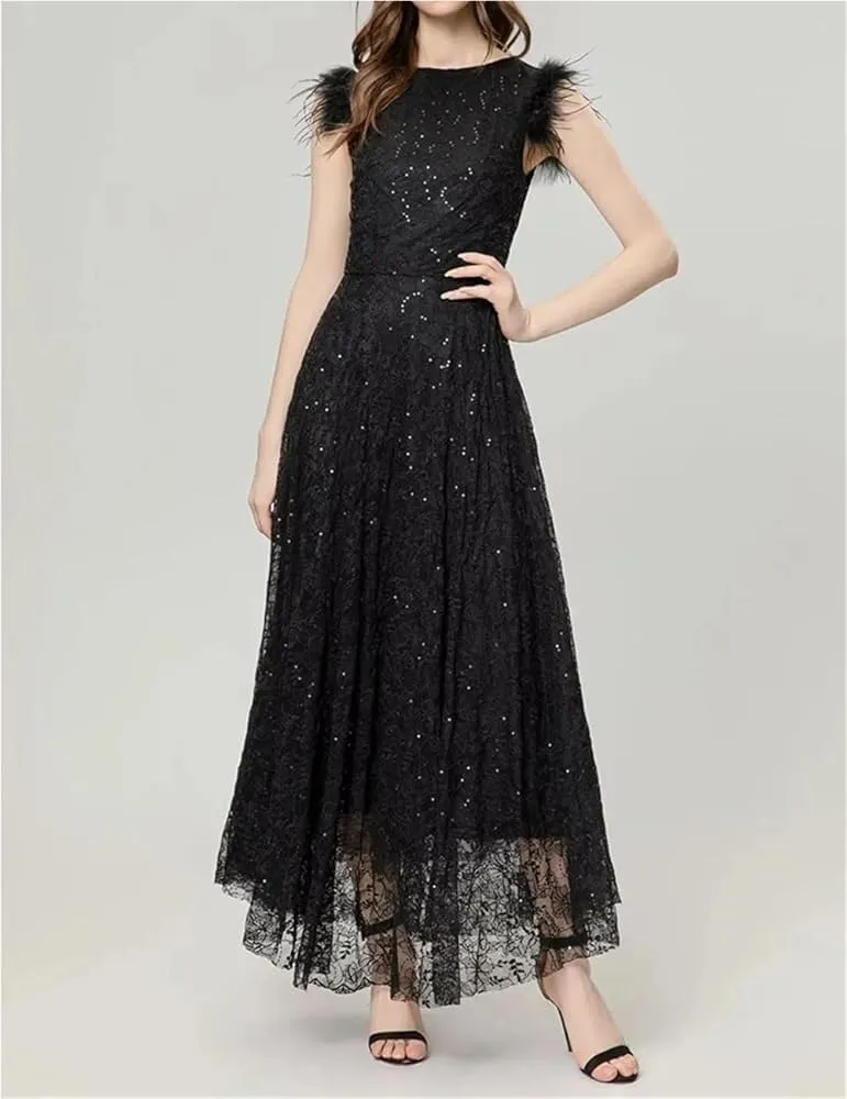 Women's Vintage Elegant Black Party Dress Sequins Flowers Embroidery Feathers Dresses