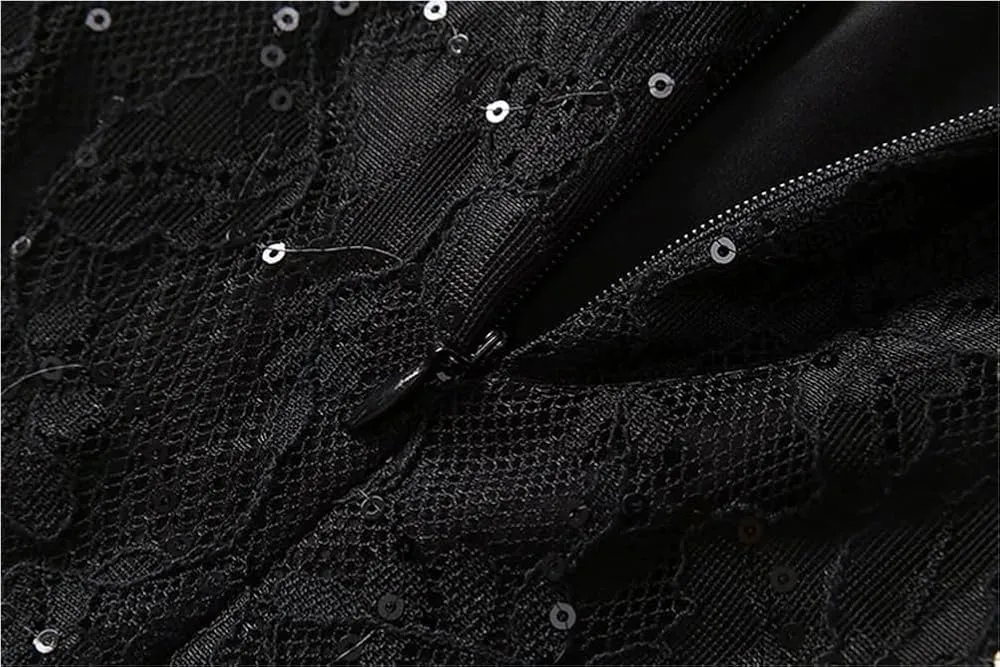 Women's Vintage Elegant Black Party Dress Sequins Flowers Embroidery Feathers Dresses