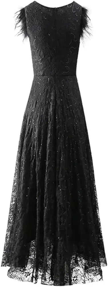 Women's Vintage Elegant Black Party Dress Sequins Flowers Embroidery Feathers Dresses