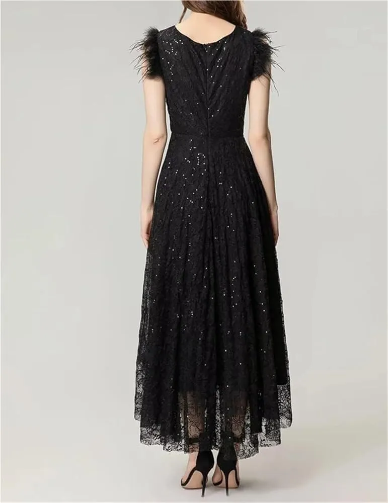 Women's Vintage Elegant Black Party Dress Sequins Flowers Embroidery Feathers Dresses