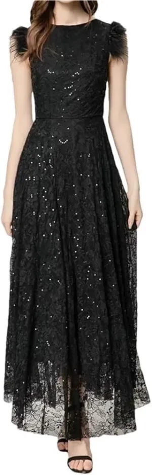Women's Vintage Elegant Black Party Dress Sequins Flowers Embroidery Feathers Dresses