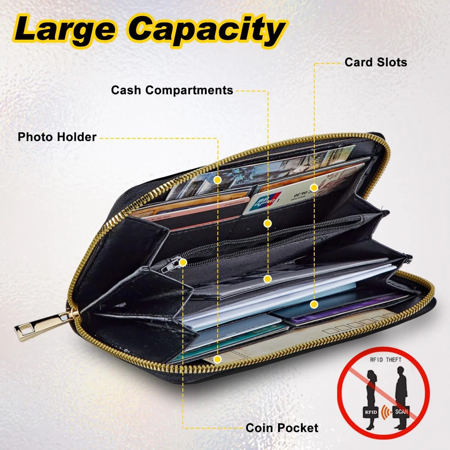 Womens Wallet, PU Leather Zipper Wallet Large Capacity RFID Wallets for Women with Multiple Card Slots & Wristlet, Small Women Wallet Coin Pocket for Men Clutch Travel Purse, Flower Bird