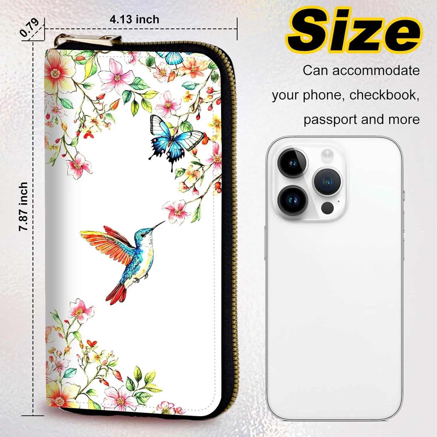 Womens Wallet, PU Leather Zipper Wallet Large Capacity RFID Wallets for Women with Multiple Card Slots & Wristlet, Small Women Wallet Coin Pocket for Men Clutch Travel Purse, Flower Bird