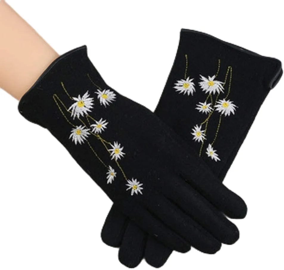 Women's Winter Warm Gloves Touchscreen Winter Touchscreen Mittens Ladies Warm Cashmere Daisy Embroidery Knit Gloves Mesbourist Chic Driving Mittens (Q) (B)