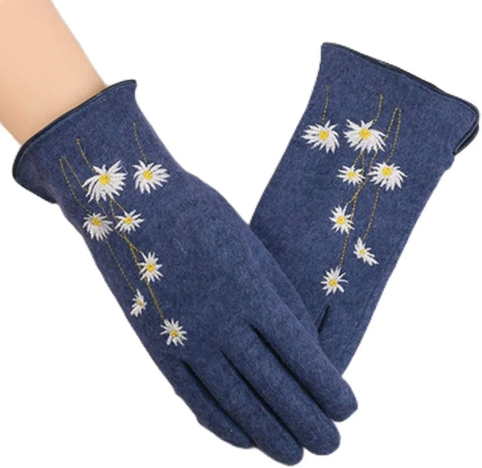 Women's Winter Warm Gloves Touchscreen Winter Touchscreen Mittens Women's Warm Cashmere Daisy Embroidery Knit Gloves Mesbourist Chic Driving Mittens (Q) (P)
