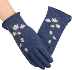 Women's Winter Warm Gloves Touchscreen Winter Touchscreen Mittens Women's Warm Cashmere Daisy Embroidery Knit Gloves Mesbourist Chic Driving Mittens (Q) (P)