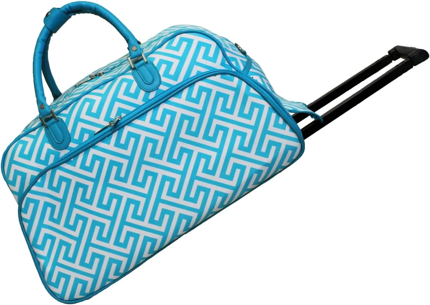 World Traveler 21-Inch Carry-On Rolling Duffel Bag, Light Blue White Greek Key