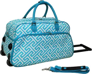 World Traveler 21-Inch Carry-On Rolling Duffel Bag, Light Blue White Greek Key