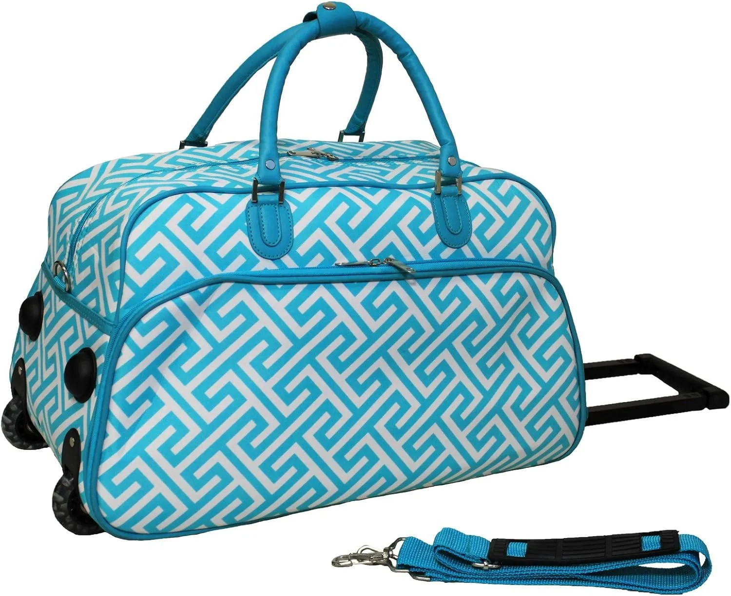 World Traveler 21-Inch Carry-On Rolling Duffel Bag, Light Blue White Greek Key