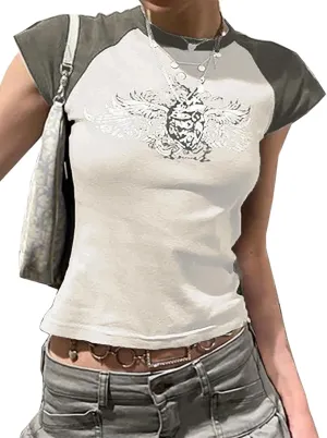 Xineicy Y2K Crop Tops for Woman Short Sleeve Crew Neck Graphic Baby Tees Grunge Wing Print T-Shirt
