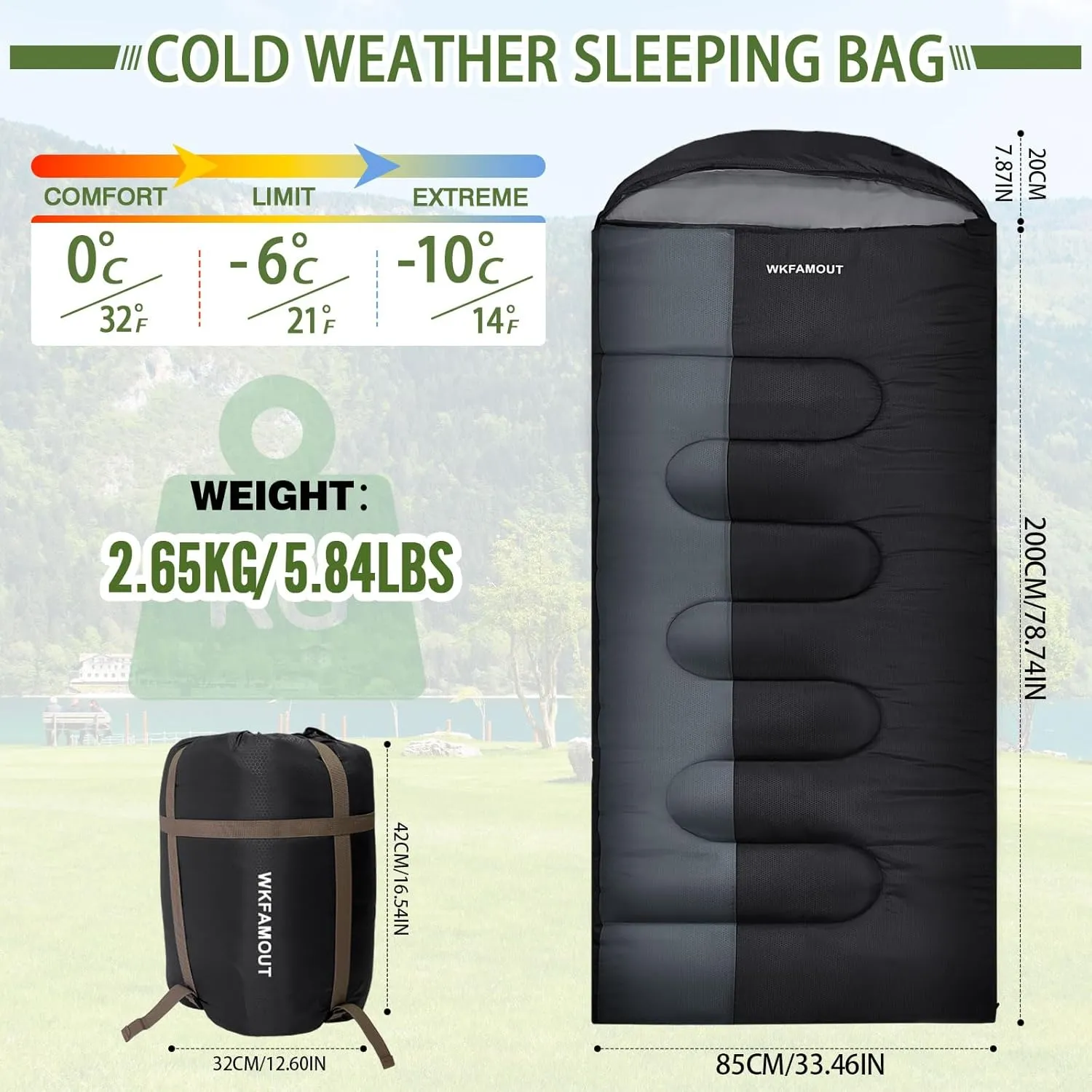 XL 10 Degree Sleeping Bags Waterproof for Adults 350GSM Machine Washable with Compression Sack for 3-4 Season Camping Outdoor