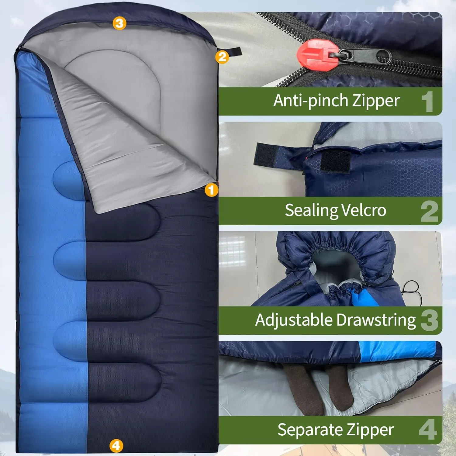 XL 10 Degree Sleeping Bags Waterproof for Adults 350GSM Machine Washable with Compression Sack for 3-4 Season Camping Outdoor
