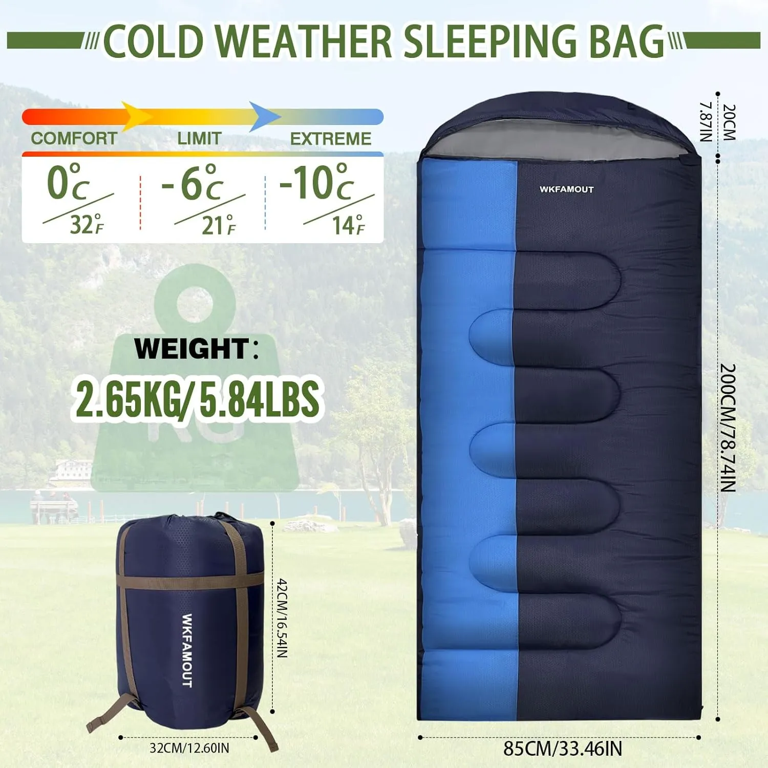 XL 10 Degree Sleeping Bags Waterproof for Adults 350GSM Machine Washable with Compression Sack for 3-4 Season Camping Outdoor