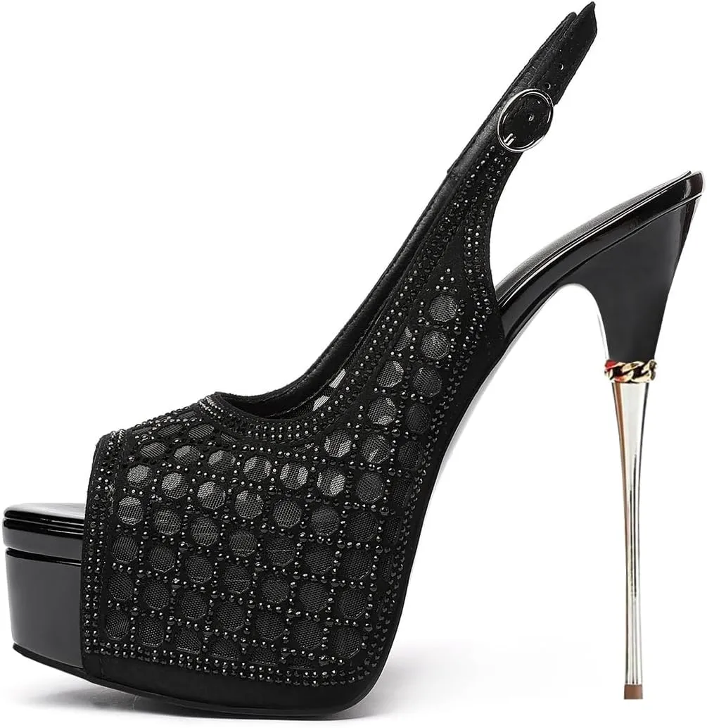 XYD Women Lace Platform Sandals Peep Toe Metallic High Heel Stiletto Slingback Mesh Crystal Pumps Event Evening Party Shoes