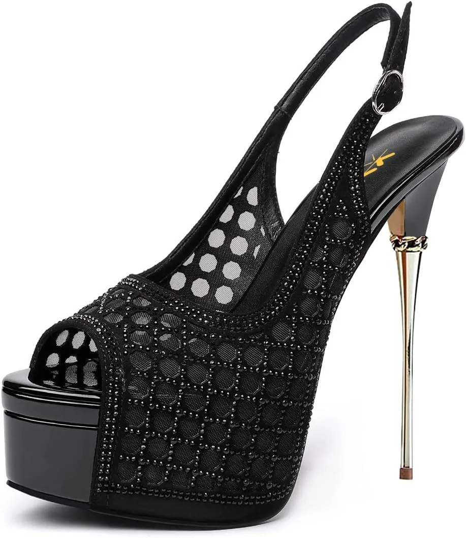 XYD Women Lace Platform Sandals Peep Toe Metallic High Heel Stiletto Slingback Mesh Crystal Pumps Event Evening Party Shoes