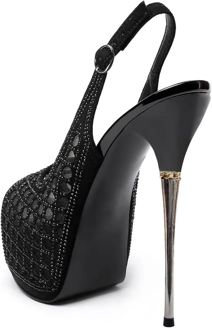XYD Women Lace Platform Sandals Peep Toe Metallic High Heel Stiletto Slingback Mesh Crystal Pumps Event Evening Party Shoes