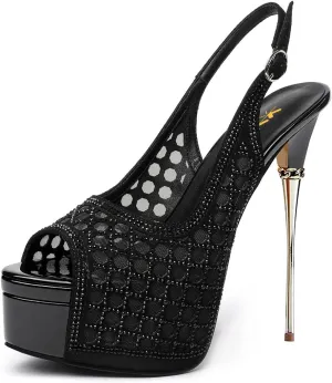 XYD Women Lace Platform Sandals Peep Toe Metallic High Heel Stiletto Slingback Mesh Crystal Pumps Event Evening Party Shoes